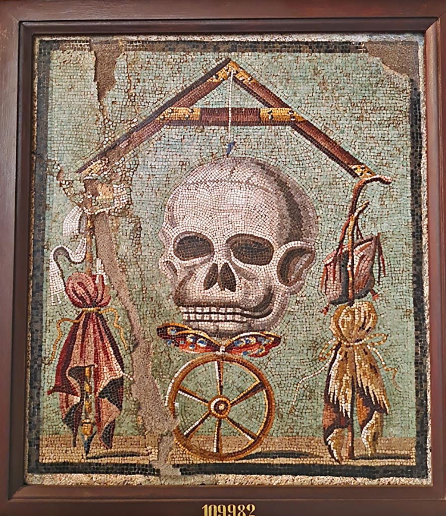 1.5.2 Pompeii. Triclinium in peristyle garden. Mosaic of a skull that formed the top of the triclinium table. 
Now in Naples Archaeological Museum, inventory number 109982. Photo courtesy of Giuseppe Ciaramella. September 2024.
According to the information card -
“Memento mori”
Mosaic emblema in opus vermiculatum made from polychrome tesserae.
The mosaic depicts the allegory of death which levels distinctions between human beings.
At the top of the composition there is a plumb-bob with its plumb-line whose axis is death in the form of a skull; below, there is a butterfly, the soul, on a wheel, symbolising Fortune; between the arms of the plumb-bob are the symbols of poverty on the right (the saddlebag, the beggar’s stick and the cloak) and the symbols of wealth on the left (the sceptre, purple and the crown). (Mid-1st century BC.)
“Memento mori”
Emblema pavimentale in opus vermiculatum di tessere policrome. 
Il mosaico raffigura l’allegoria della morte che riequilibra le sorti degli uomini.
Al vertice della composizione è una livella con il suo filo a piombo, la cui asse è la morte sotto forma di teschio; al di sotto una farfalla, l’anima, su una ruota, simboleggiante la Fortuna; tra i bracci della livella, sono i simboli della povertà a destra (la bisaccia, il bastone da mendicante e il mantello) e della ricchezza a sinistra (lo scettro, la porpora e la corona). (Metà del I secolo a.C.)