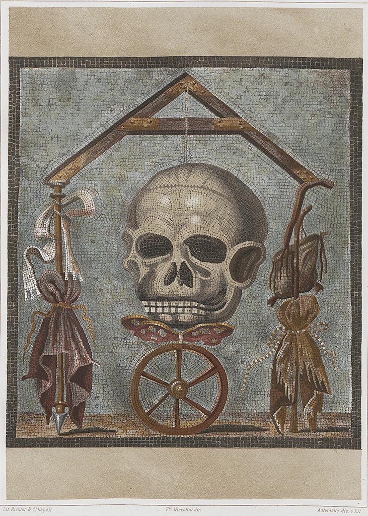 1.5.2 Pompeii. Triclinium in peristyle garden. 
Painting by Niccolini of mosaic of a skull that formed the top of the triclinium table. 
According to Niccolini, this was a unique example found in Pompeii.
See Niccolini, F., 1862. Le Case ed i Monumenti. Book 2. (Tav. XLVIII).