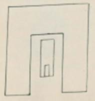 Warscher quoted Bull.Inst.1874, p.273 –4 -
“Il triclinio si distingue per un realzo di materiale sul lato corto del letto a destra di chi sta avanti al triclinio, destinato evidentemente per servire d’appoggio al gomito di chi giacesse in quell posto, mentre manca nel letto sinistra ove verso quell’estremità erano rivolti i piedi di chi occupava l’ultimo posto. Ecco le misure del triclinio; lunghezza de’letti destro e sinistro dal lato esteriore m.4,96, dal lato interiore 3,17, larghezza de’medesimi 1,54-1,55, distanza de’medesimi 1,80. La tavola di materiale è grande 1,78 + 0,93, ed ha questa forma;
 
Il taglio che si vede sul lato destro del nostro disegno, è dalla parte lasciata libera dai letti. Su questa tavola si trovo un mosaico trasportato adesso nel Museo Nazionale di Napoli e pubblicato nel Giornale degli Scavi Vol.III, tav.2. Esso ha su fondo verde la seguente rappresentazione, eseguita con molto accuratezza. Di sopra si vede un archipendolo di color bruno, coll’angolo rivolto in su, nelle estremità e nelle congiuntore guarnito di piastre di bronzo, rappresentate di color giallo colle ombre più scure, ed inchiodate a chiodi di color nero e bianco. Dall’angolo mediante un cordoncino bianco pende il piombino che ha la forma d’una piramide capovolta, e la cui metà destra è di color azzurro, mentre in quella sinistra non rimangono che tenui traccie dell’azzurro sovraposto originariamente al fondo verde del mosaico. L’analogia della punta d’asta a mentovasi più avanti ci lascia supporre, che tale metà fosse d’un azzurro più chiaro.
Sotto l’estremità destra del’archipendolo sta un pedum di color bruno. La parte curvata è rivolta in su e sotto di essa si trova un ramo a cui è sospesa una tasca bruna. Più in giù è attaccata al pedum mediante cordoncino bianco una veste lionata i cui lembi toccano il suolo. Sotto l’altra estremità del’archipendolo sta una lancia con asta forte, la punta appoggiata sul suolo. All’estremità superiore che finisce in una palla, è attaccata una benda bianca, le cui estremità finiscono in tre punte; più in giù una vesta rossigna è attacata alla lancia mediante cordoncino giallo. La lancia stessa è bruna, la punta azzurra, la metà sinistra più chiara. – Sotto il piombino, dimodochè questo la tocca, si vede una testa di morto, rivolta un poco a destra. Ed esguita in bianco, nero e grigio.
Di sotto quindi vi è una farfalla le cui alle son rosse coll’orlo superiore giallo e con macchie eseguite in bianco, turchino e giallo. Il corpo è piccolo e di color chiaro. Finalmente una ruota bruna e bianca sta sul suolo sotto la farfalla”.
See Warscher T., 1936. Codex Topographicus Pompeianus: Regio I.1, I.5. (dopo no.32), Rome: DAIR, whose copyright it remains