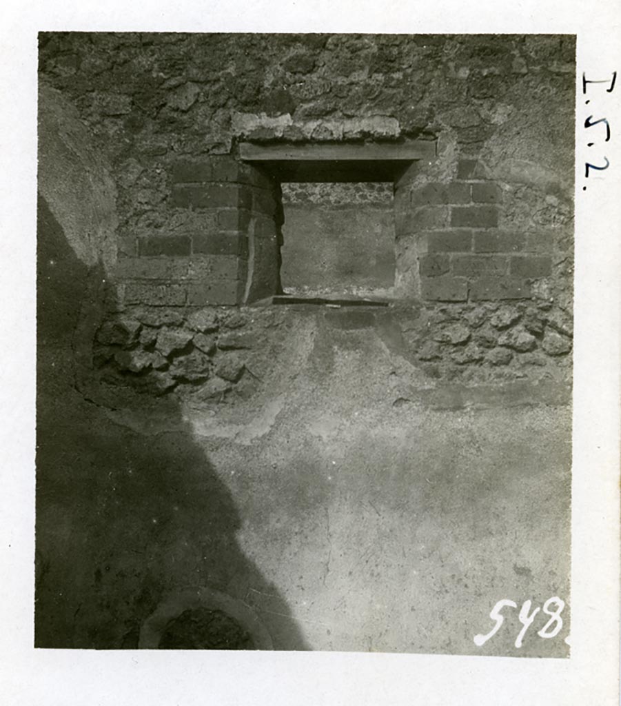 I.5.2 Pompeii. Pre-1937-39. Looking north towards window overlooking Vicolo del Conciapelle.
Photo courtesy of American Academy in Rome, Photographic Archive. Warsher collection no. 548.