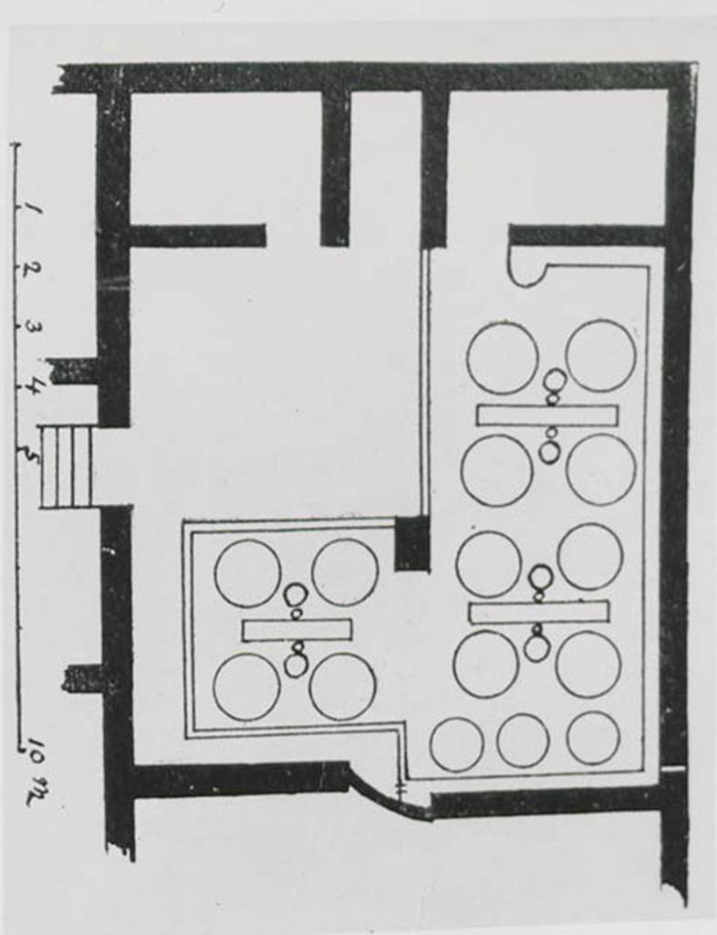 I.5.2 Pompeii. Drawing of “industrial area in north-east corner of insula”.
Warscher described this as being a reproduction from Mau, Pompeji, no.246, p.416.
See Warscher T., 1936. Codex Topographicus Pompeianus: Regio I.1, I.5. (no.27), Rome: DAIR, whose copyright it remains.