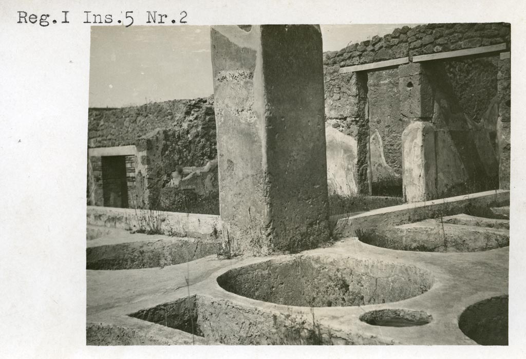 I.5.2 Pompeii. Pre-1937-39. Looking towards north-west side of industrial area.
Photo courtesy of American Academy in Rome, Photographic Archive. Warsher collection no. 275.