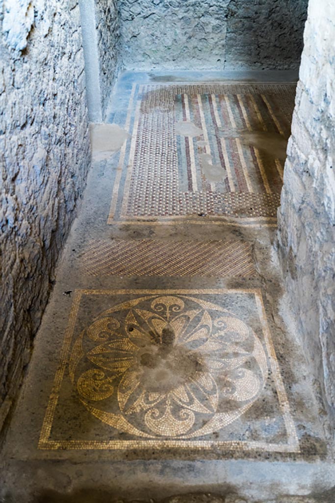 I.6.2 Pompeii. October 2023. 
Looking east across mosaic floors towards arched doorway to frigidarium. Photo courtesy of Johannes Eber.