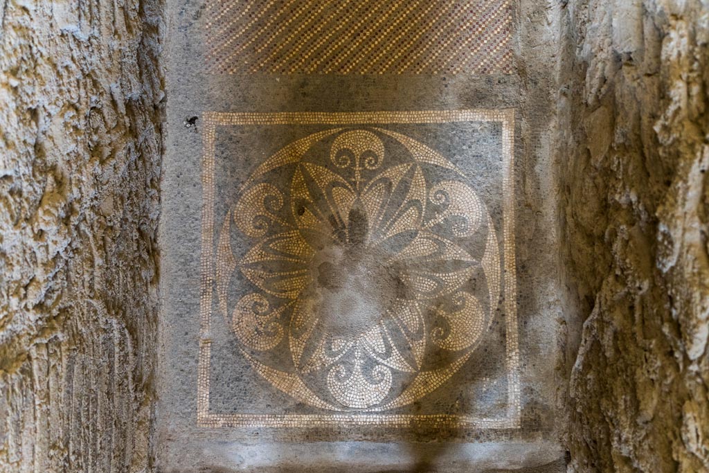 I.6.2 Pompeii. October 2023. 
Looking east across mosaic flooring in doorway of anteroom, apodyterium or changing room. Photo courtesy of Johannes Eber.