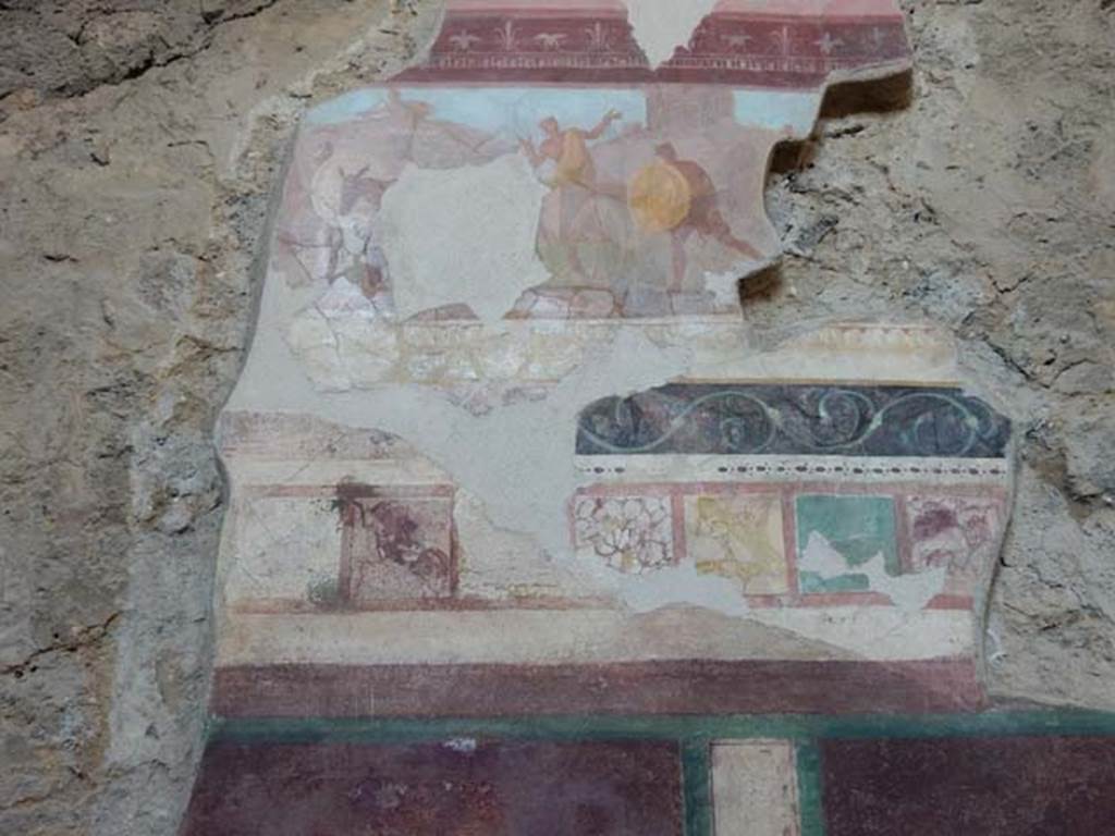 I.6.2 Pompeii. May 2016. Remains of painting of pestilence scene on west wall of west wing.
Photo courtesy of Buzz Ferebee.