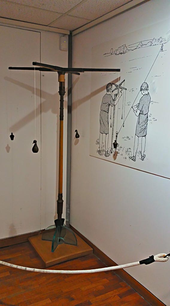I.6.3 Pompeii. December 2018. 
Groma, on display in Boscoreale Antiquarium. Photo by Giuseppe Ciaramella.
According to the description card –
“Il principale strumento di rilevamento era la groma, il cui nome deriva dal termine greco gnomen tramite l’etrusco cruma.
A Pompei ne fu rinvenuta una nell’officina dell’agrimensore Verus. 
Tale strumento si basava sul principio delle mire ortogonali e consentiva di tracciare linee e angoli retti.”
(The main detection tool was the groma, whose name derives from the Greek term gnomen through to the Etruscan cruma.
In Pompei one was found in the workshop of the land surveyor Verus.  
This tool was based on the principle of orthogonal sights and used to draw lines and right angles.)