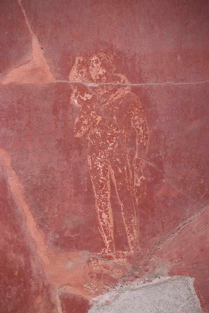I.6.4 Pompeii. October 2024. 
Room 5, detail of painted figure on south wall at west end. Photo courtesy of Klaus Heese.
