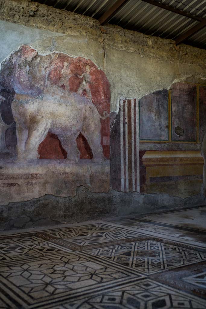I.6.4 Pompeii. December 2021. 
Room 11, room of the elephants – showing fine mosaic floor and painting on east wall.
Photo courtesy of Johannes Eber.