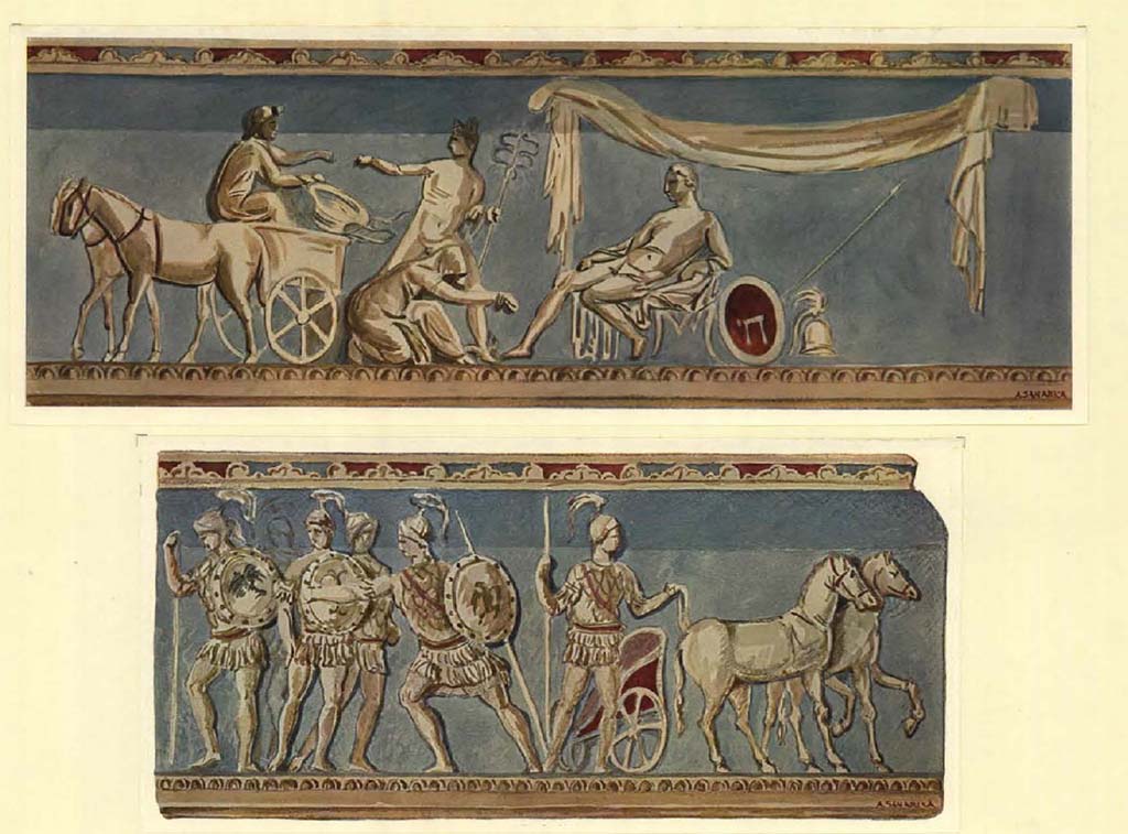 I.6.4 Pompeii. Room 16, sacellum. Painting of stucco Iliac reliefs.
Priam at the feet of Achilles pleading for the recovery of the body of Hector.
Achilles moving to fight Hector.
See Spinazzola V., 1953. Pompei alla luce degli Scavi Nuovi di Via dell’Abbondanza (anni 1910-1923). Roma: La Libreria della Stato, Tav. 35.