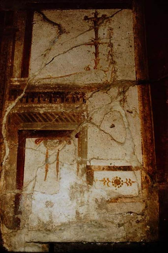I.6.7 Pompeii. 1959. Room at north end of east side of atrium. 
Detail painting with architecture with attributes of Dionysus from vaulted wall directly above door lintel.
Photo by Stanley A. Jashemski.
Source: The Wilhelmina and Stanley A. Jashemski archive in the University of Maryland Library, Special Collections (See collection page) and made available under the Creative Commons Attribution-Non Commercial License v.4. See Licence and use details.
J59f0170