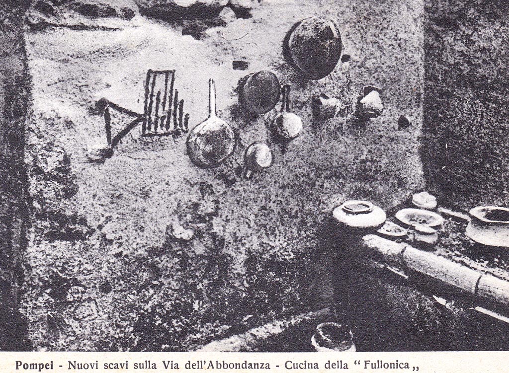 I.6.7 Pompeii. Undated postcard. Looking towards south wall in kitchen with hearth at west end, on right.
Photo courtesy of Espen B. Andersson.