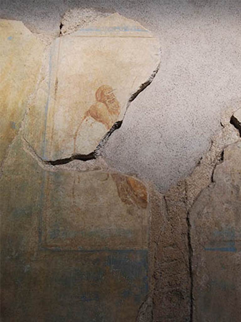 I.6.11 Pompeii. October 2013. Atrium, wall painting on west end of north wall. Photo courtesy of Paula Lock.