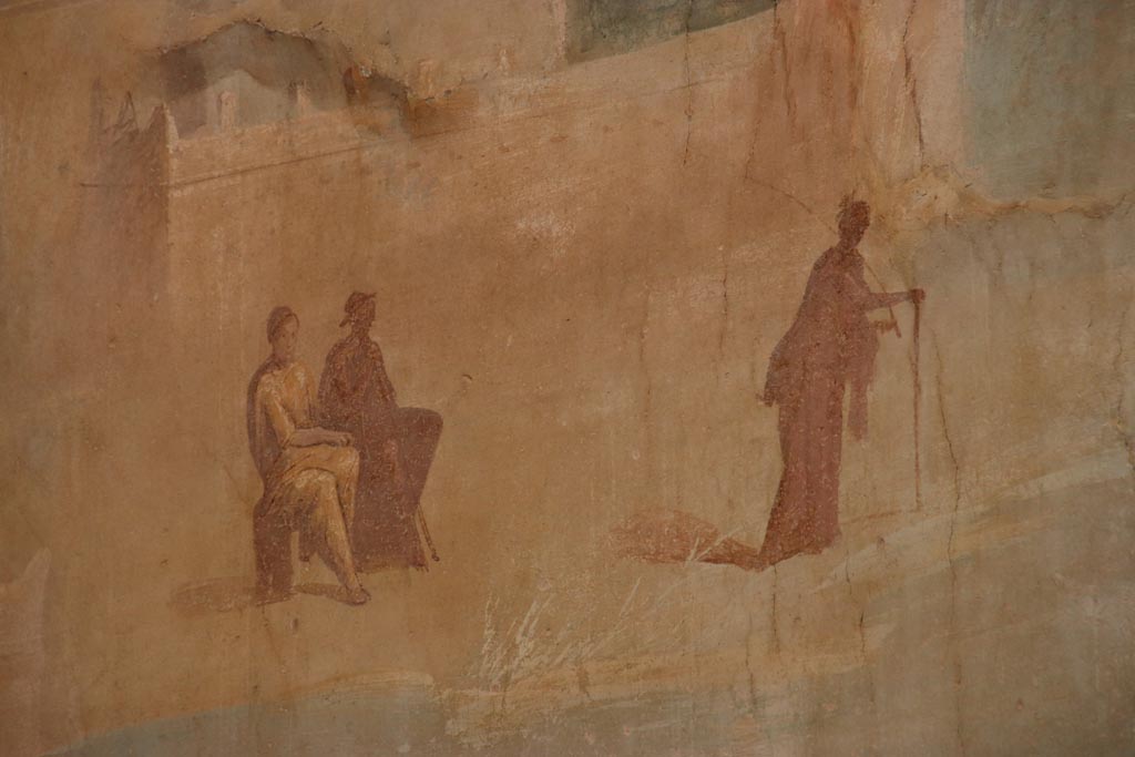 I.6.15 Pompeii. October 2023. 
Room 9, east wall of small garden, detail of figures from north end of east wall. Photo courtesy of Klaus Heese.