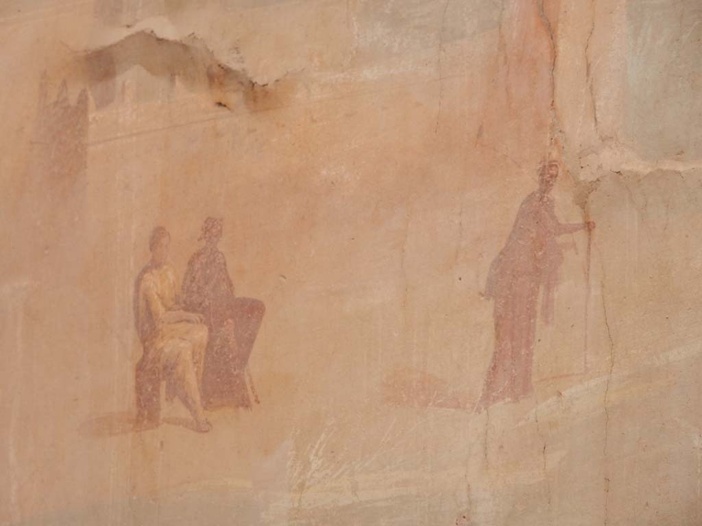 I.6.15 Pompeii. June 2019. Room 9, east wall of small garden. Detail of figures from north end of east wall. 
Photo courtesy of Buzz Ferebee.