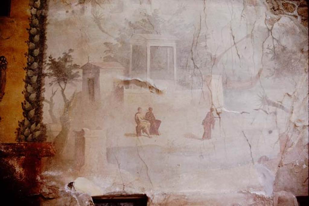 I.6.15 Pompeii. 1964. Room 9, east wall of small garden. Nile scene.  Photo by Stanley A. Jashemski.
Source: The Wilhelmina and Stanley A. Jashemski archive in the University of Maryland Library, Special Collections (See collection page) and made available under the Creative Commons Attribution-Non Commercial License v.4. See Licence and use details.
J64f0960