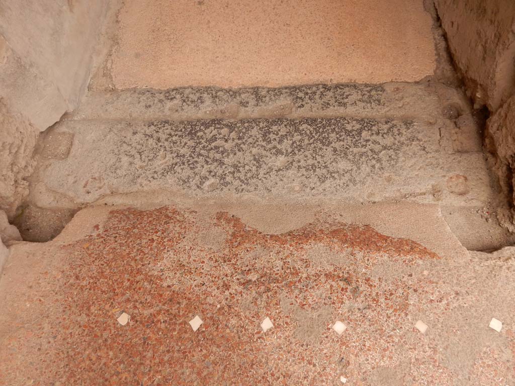 I.6.15 Pompeii. June 2019. Doorway threshold from room 9, to corridor 7, looking south.
Photo courtesy of Buzz Ferebee.