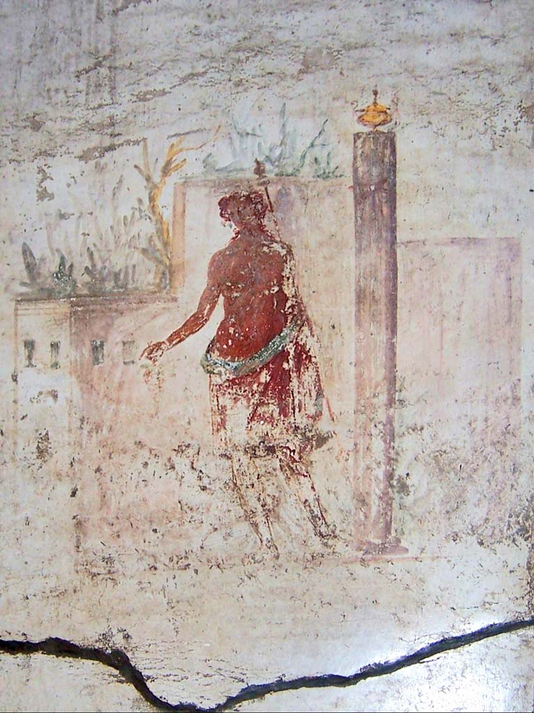 I.6.15 Pompeii. 2019. 
Room 12, triclinium, west wall, detail of fresco with Dionysus and architectures. Photo courtesy of Davide Peluso.
Kuivalainen describes this painting as –
“A youth (young half-naked Bacchus) is standing with his weight on his right foot, against a white background. 
A red robe with a light blue lining covers his hips. In his outstretched right hand he holds a bunch of grapes, and in his left hand he carries a yellow thyrsus with a cone and ribbon at the upper end, and another decoration at the lower end; his head is slightly turned to the right, and he is looking down at the panther; his curly hair reaches to his shoulders. On the left, the panther, standing with his back facing the viewer, turns its head towards the youth. On the right of the picture, a votive pillar, decorated with red ribbons and a lekanis on top. In the background on the left, buildings, and yellow and green vegetation.”
See Kuivalainen, I., 2021. The Portrayal of Pompeian Bacchus. Commentationes Humanarum Litterarum 140. Helsinki: Finnish Society of Sciences and Letters, (p.107-8, C3).