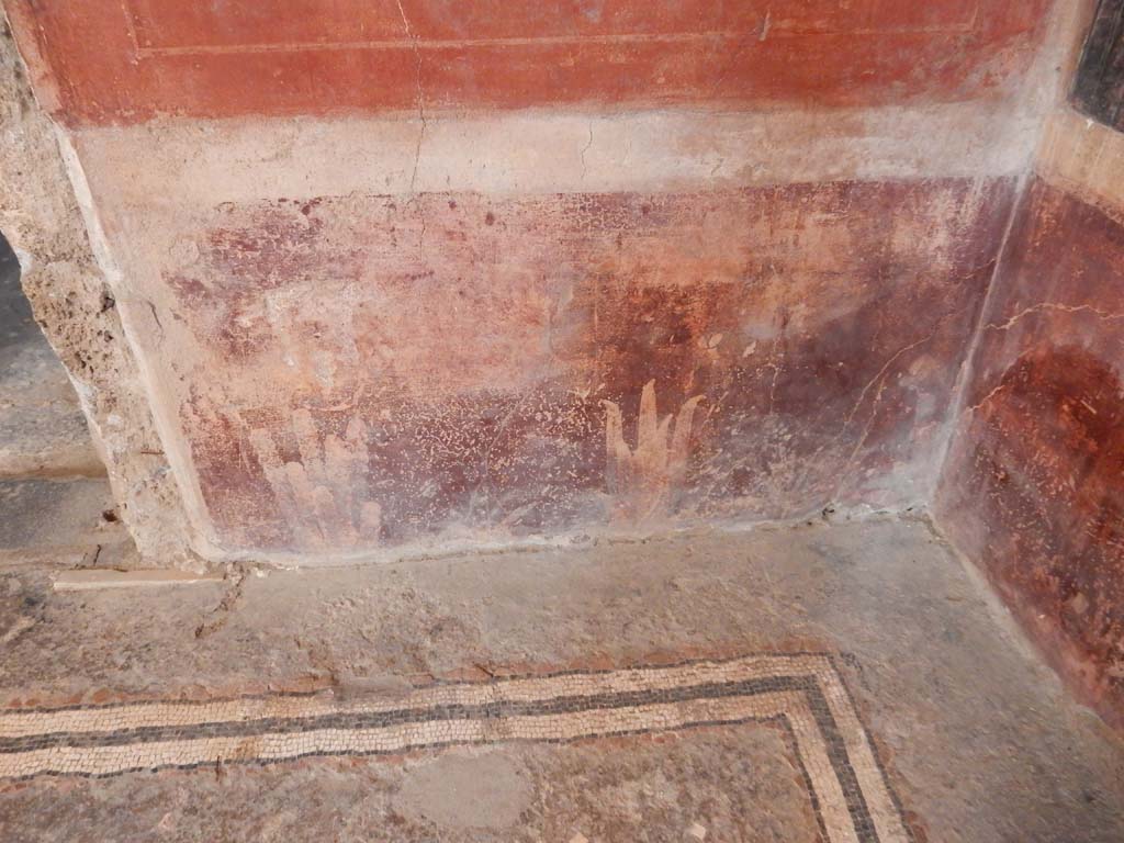 I.6.15 Pompeii. June 2019. Room 4, atrium. Painted zoccolo/plinth in north-east corner.
Photo courtesy of Buzz Ferebee.