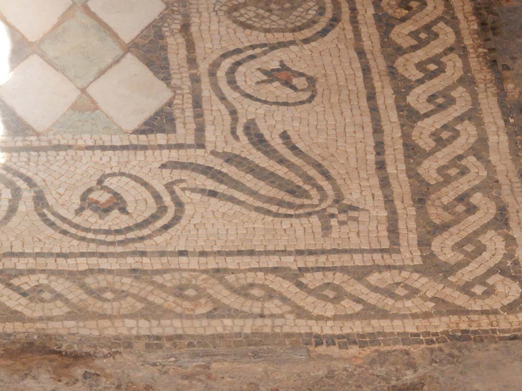 I.6.15 Pompeii. June 2019. Room 6, detail of mosaic emblema in centre of floor in tablinum. 
Photo courtesy of Buzz Ferebee.