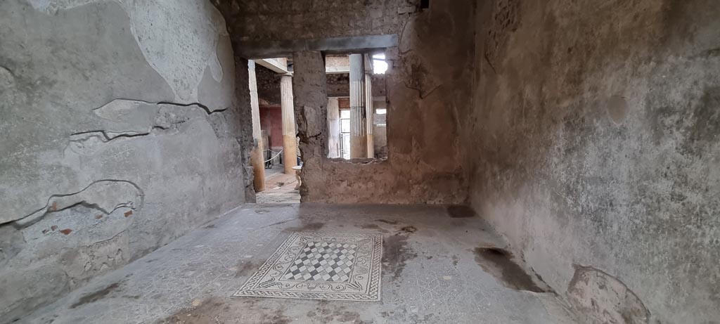 I.6.15 Pompeii. December 2023. 
Room 6, looking south to doorway and window to atrium across mosaic floor in tablinum. Photo courtesy of Miriam Colomer.