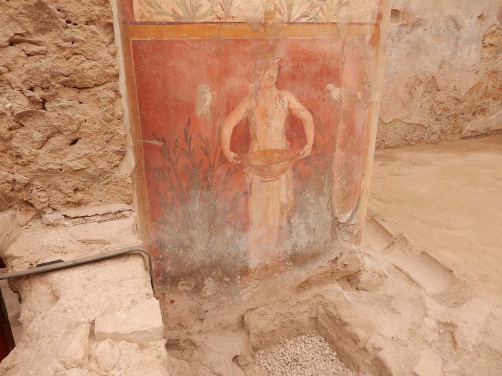 I.6.15 Pompeii. June 2019. Room 9, small garden. 
Wall on west side. Painting with birds, plants and a figure holding a basin or bowl.
Photo by Buzz Ferebee.