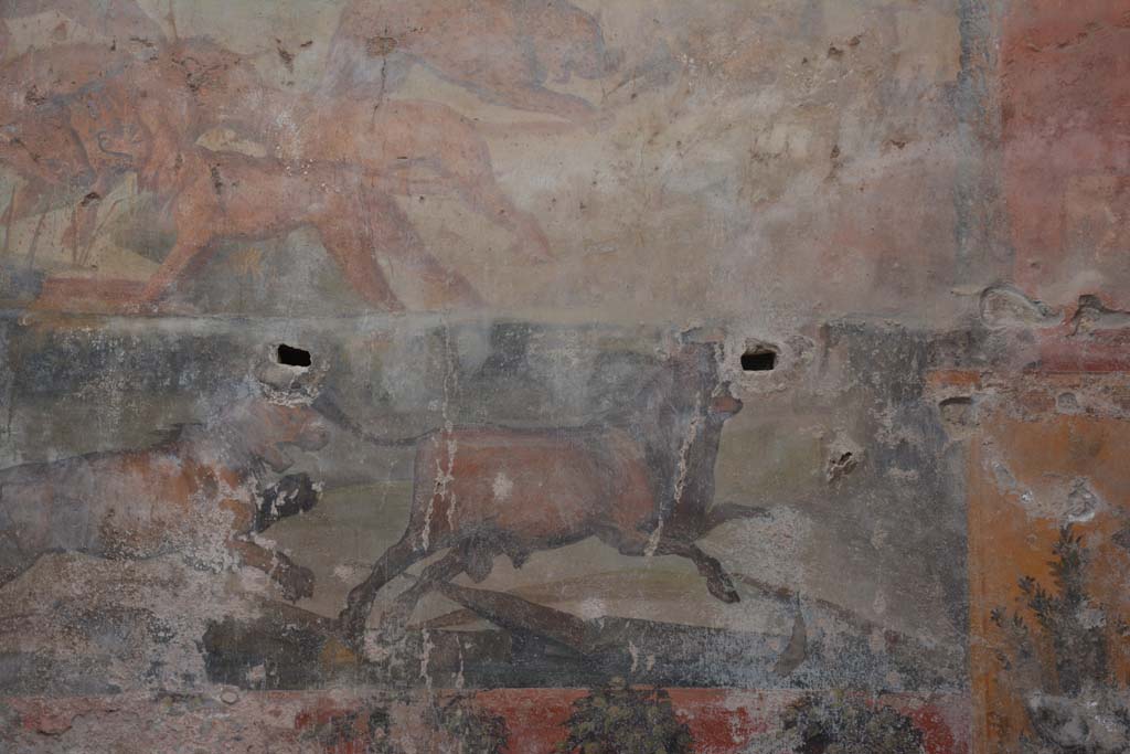 I.6.15 Pompeii. March 2019. Room 9, detail from hunt painting on north wall.    
Foto Annette Haug, ERC Grant 681269 DÉCOR