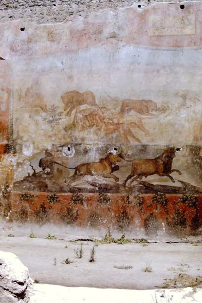 I.6.15 Pompeii. 1968. 
Room 9, north wall of small garden with detail from painting of hunt scene. Photo by Stanley A. Jashemski.
Source: The Wilhelmina and Stanley A. Jashemski archive in the University of Maryland Library, Special Collections (See collection page) and made available under the Creative Commons Attribution-Non-Commercial License v.4. See Licence and use details.
J68f0509
