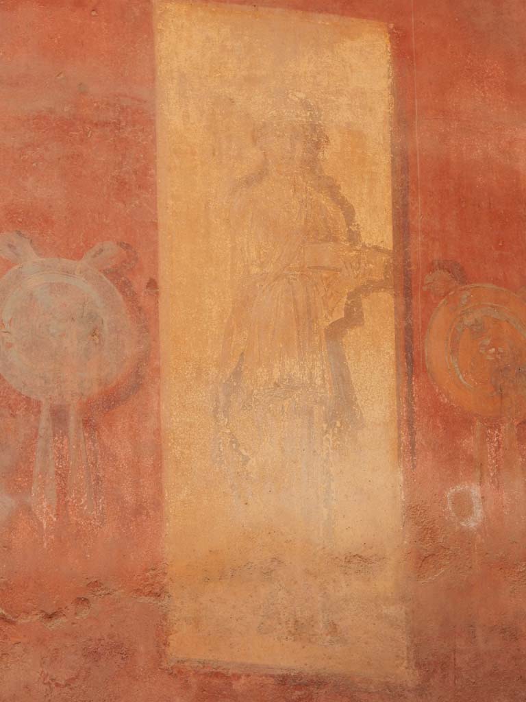 I.6.15 Pompeii. June 2019. 
Room 9, painted panel on east end of north wall of small garden. Photo courtesy of Buzz Ferebee.