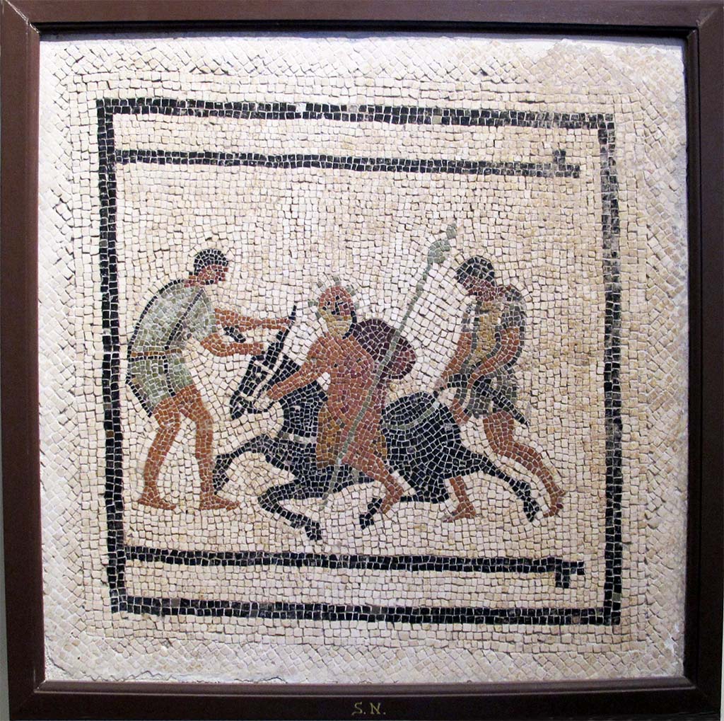 I.7.1 Pompeii. Mosaic from room in south-west corner of peristyle of a drunken Silenus on a donkey that is refusing to move. 
He is being helped by two Satyrs.  Now in Naples Archaeological Museum. Inventory number s.n.