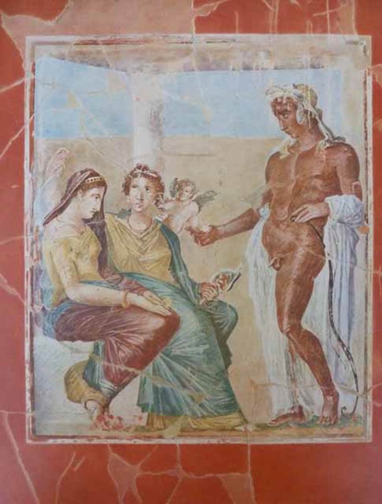 I.7.7 Pompeii. 1938. Wall painting of seduction of Helen by Paris, from centre of south wall of cubiculum, as it looked when first excavated.
According to Maiuri, it was restored from many fragments whose colour was well preserved. 
See Maiuri A., 1938. La Pitture delle Case di M. Fabius Amandio, del Sacerdos Amandus, e di P. Cornelius Teges: La Pittura Ellenistico-Romana. Roma: Ist. Pol. Del Stato, p. 12, Tav. C.