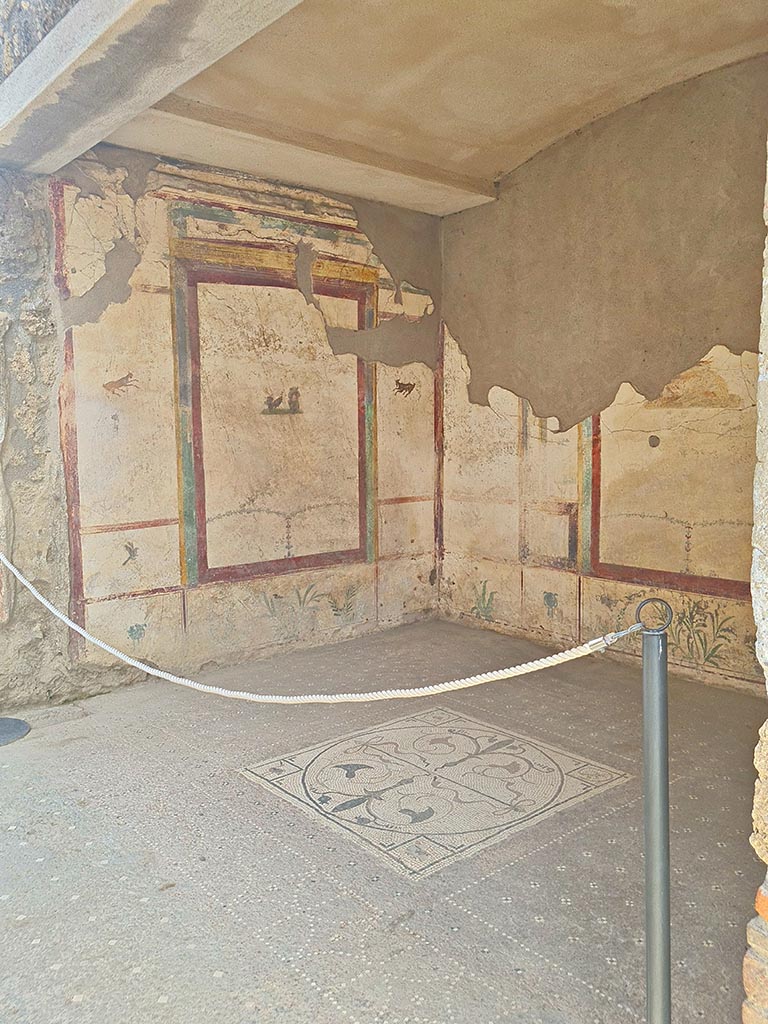 I.7.11 Pompeii. September 2024.  
Looking towards the north wall and north-east corner of the exedra on east side of north portico. 
Photo courtesy of Giuseppe Ciaramella.