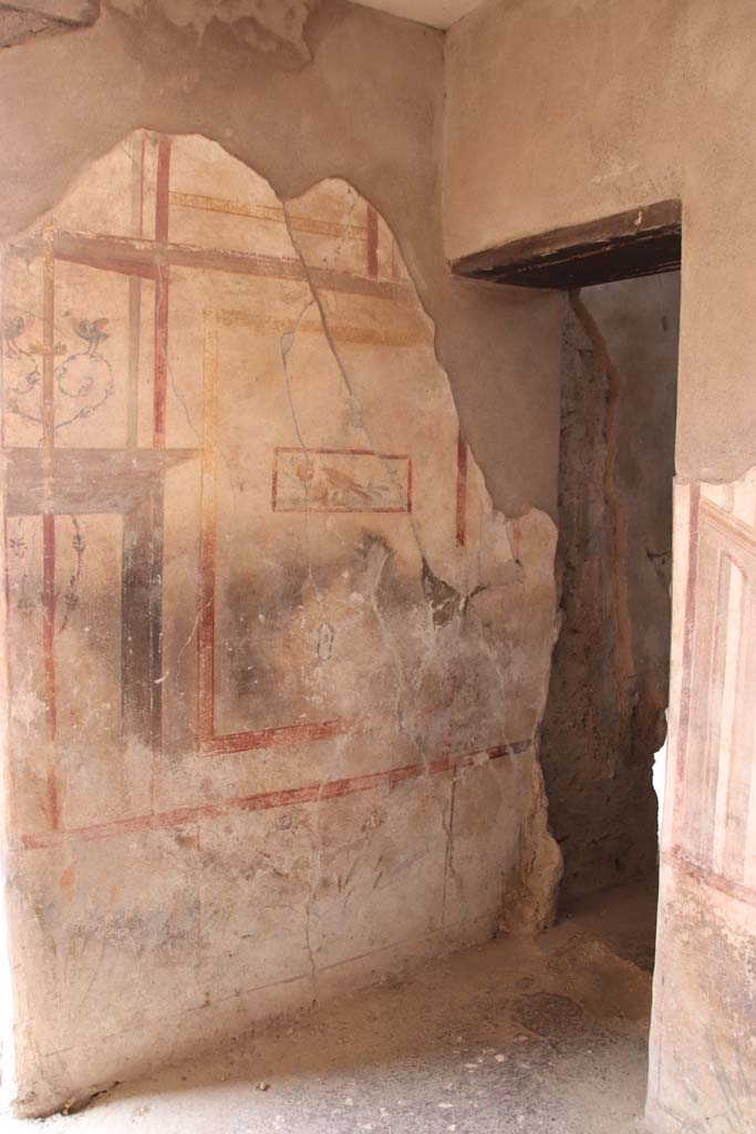I.7.11 Pompeii. September 2021. 
North wall of cubiculum on south-east side of atrium, with doorway to triclinium, on right.
Photo courtesy of Klaus Heese.