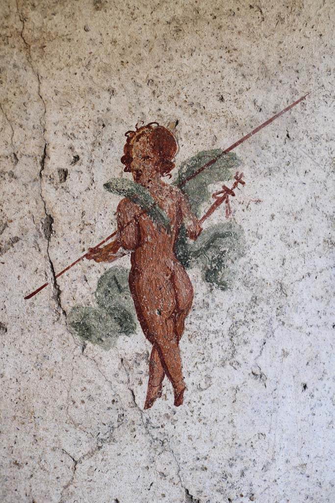 I.7.11 Pompeii. December 2018. 
Detail of wall painting of flying cupid from east end of north wall of bedroom on west side of atrium.
Photo courtesy of Aude Durand.