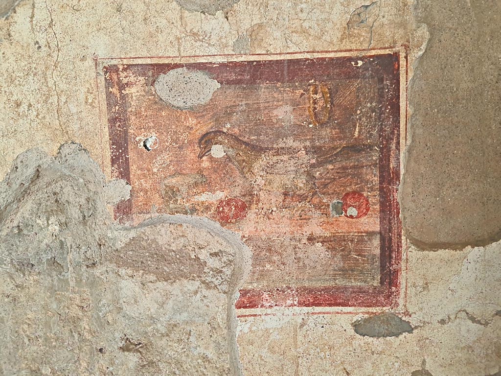 I.7.11 Pompeii. March 2024. East wall with wall painting of bird with vase. Photo courtesy of Giuseppe Ciaramella.