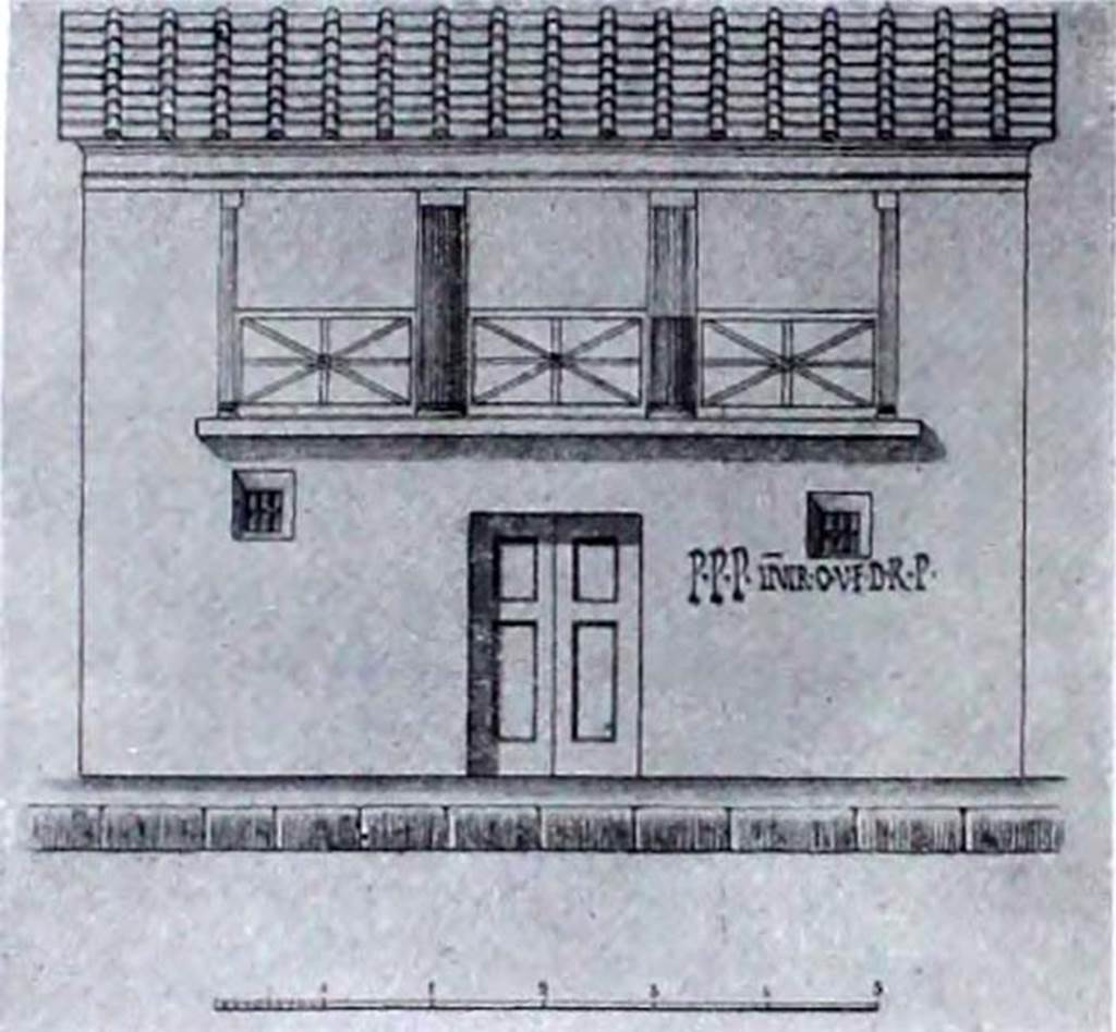 I.7.11 Pompeii. 1927 drawing of suggested reconstruction of facade.
According to NdS this shows the inscription, in faded red, to the right of entrance 10.
P P P II VIR O V F D R P
It is another programma in the series, very numerous in this insula and the adjacent houses, of P. Paquio Proculo.
See Notizie degli Scavi di Antichità, 1927, p. 34, fig. 11, p. 80-1.
