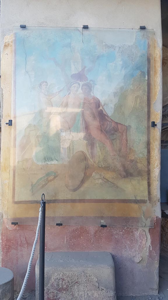 I.7.12 Pompeii. August 2023. 
Wall painting of Mars and Venus on west wall of north portico. Photo courtesy of Maribel Velasco.