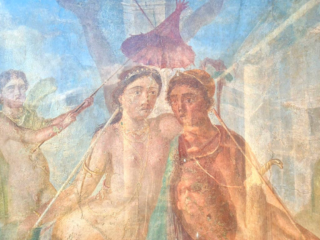 I.7.12 Pompeii. March 2024. 
Detail of wall painting of Ares and Aphrodite (Mars and Venus) from west wall. Photo courtesy of Giuseppe Ciaramella.