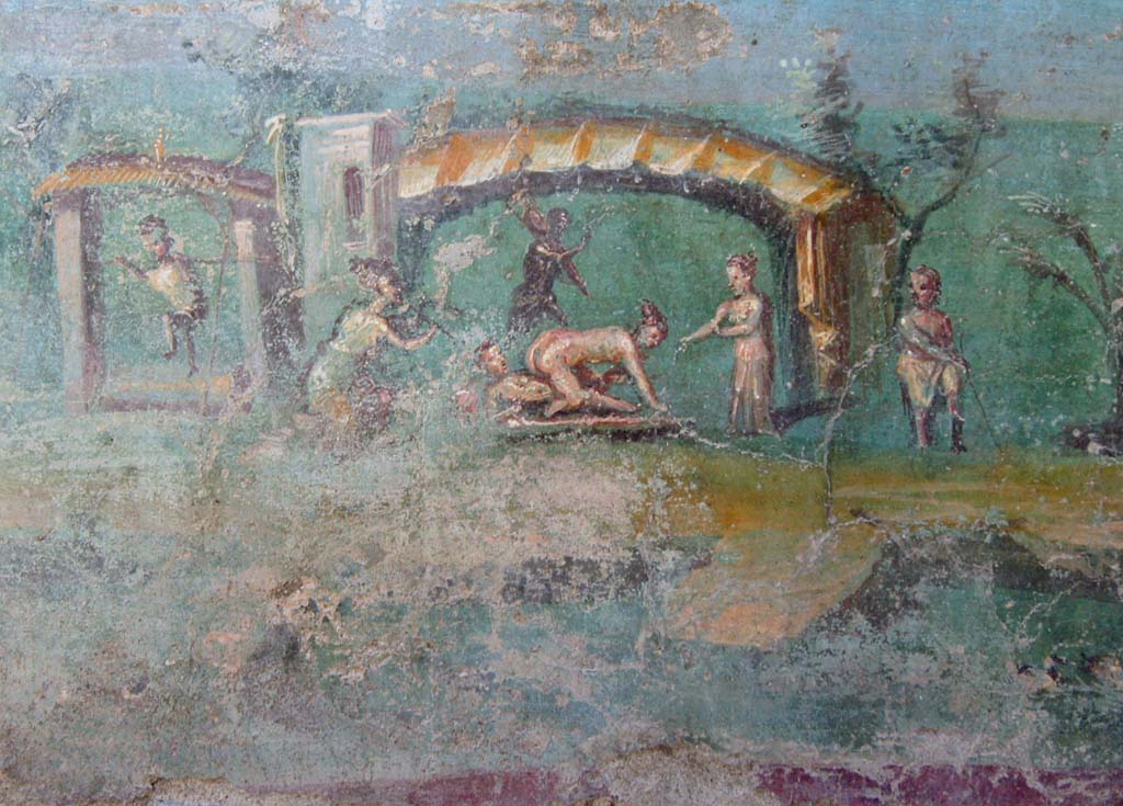I.7.12 Pompeii. October 2018. 
Viridarium, painted erotic fresco on north end of west side of summer triclinium. Photo courtesy of Davide Peluso.