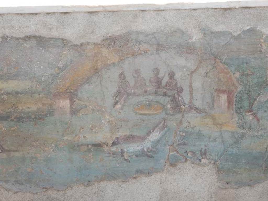 I.7.12 Pompeii. May 2017. Detail of painted panel on inside of west side of triclinium towards south end. Photo courtesy of Buzz Ferebee.