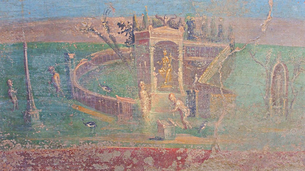I.7.12 Pompeii. 2017/2018/2019. 
Detail of painted panel on north end of east side of summer triclinium. Photo courtesy of Giuseppe Ciaramella.