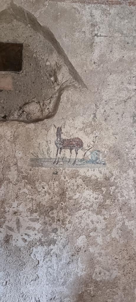 I.7.12 Pompeii. December 2023.
Detail from panel on south wall in south-west corner of cubiculum. 
Photo courtesy of Miriam Colomer.