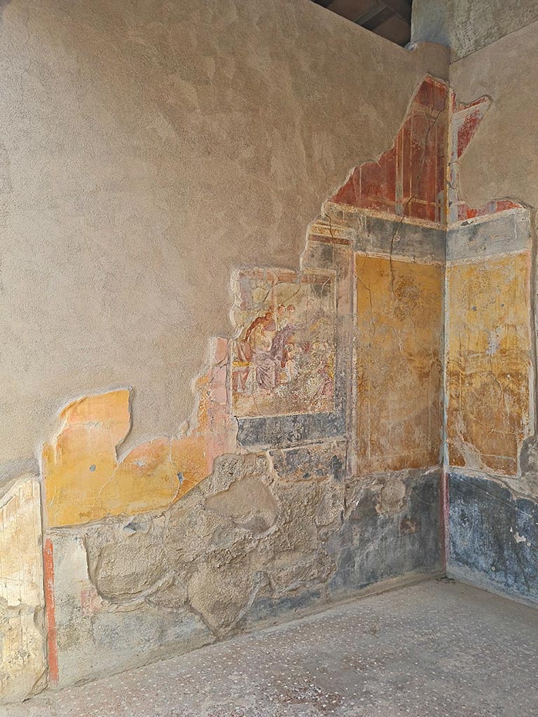 I.7.19 Pompeii. September 2024. 
North wall of tablinum with central wall painting of Aphrodite and Ares. Photo courtesy of Giuseppe Ciaramella.