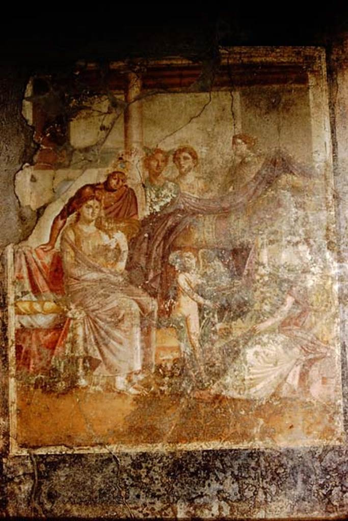 I.7.19 Pompeii. 1961. North wall of tablinum. Wall painting of Aphrodite and Ares.
Photo by Stanley A. Jashemski.
Source: The Wilhelmina and Stanley A. Jashemski archive in the University of Maryland Library, Special Collections (See collection page) and made available under the Creative Commons Attribution-Non Commercial License v.4. See Licence and use details. 
J61f0669
