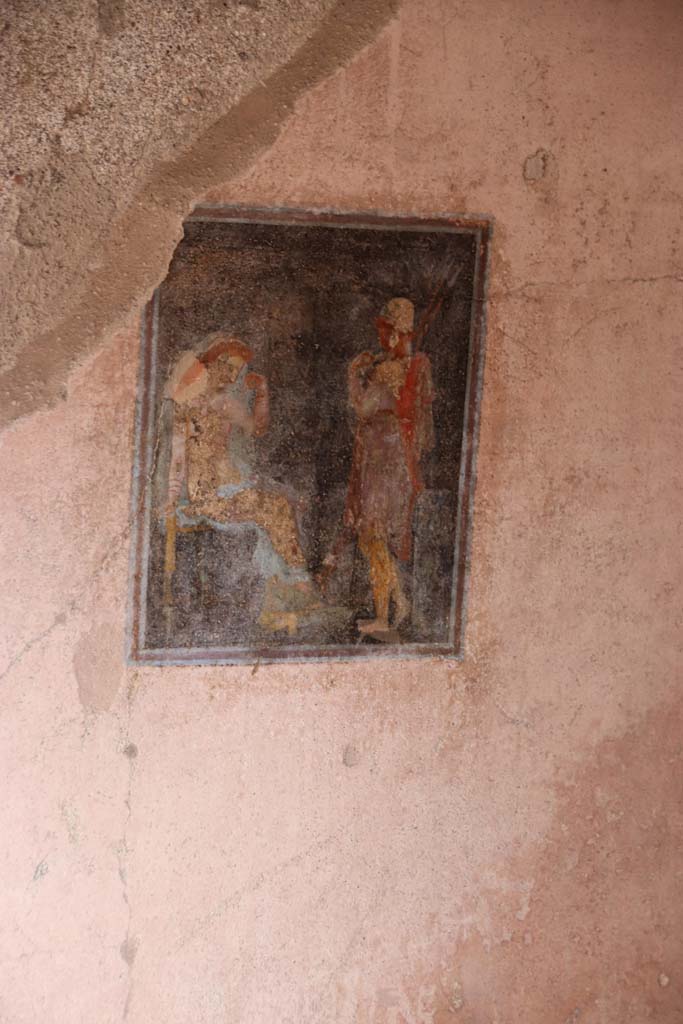 I.7.19 Pompeii. September 2021. 
Wall painting of Paris and Helen from north wall above bed recess. Photo courtesy of Klaus Heese.