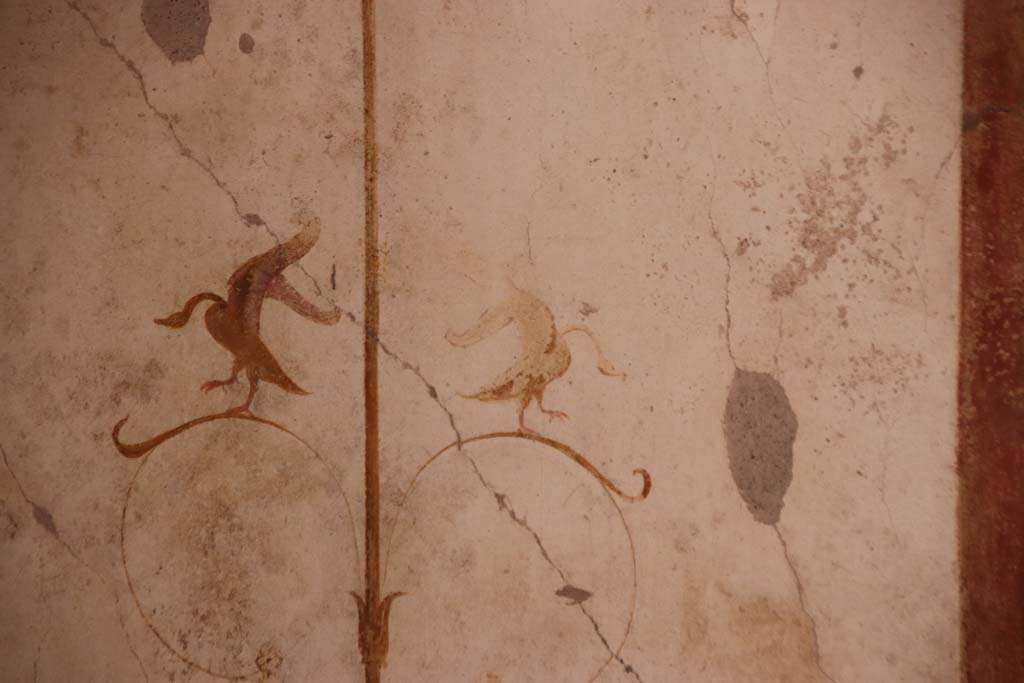 I.7.19 Pompeii. September 2021. 
Detail of painted decoration from south end of west wall of cubiculum. Photo courtesy of Klaus Heese.