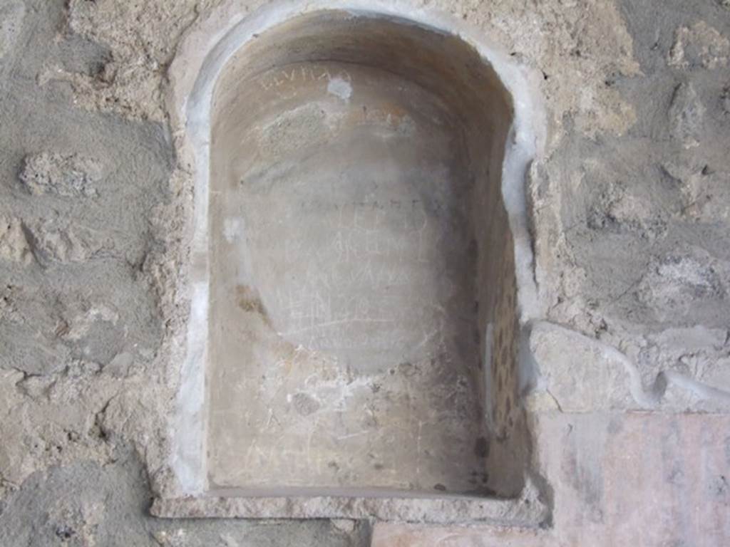 I.8.1 Pompeii.  December 2007.  Niche in west wall.
According to Boyce, this niche was painted yellow on the inside and surrounded by a border of yellow stucco, which formed a rectangle around the niche. Below it was a half-tile embedded in the wall to hold the offerings.
See Boyce G. K., 1937. Corpus of the Lararia of Pompeii. Rome: MAAR 14.  (p.26)