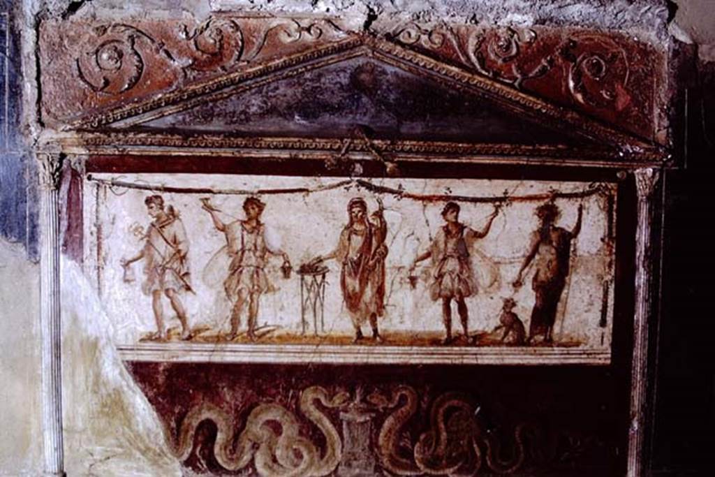 I.8.8 Pompeii. 1968. Lararium on south wall.  Photo by Stanley A. Jashemski.
Source: The Wilhelmina and Stanley A. Jashemski archive in the University of Maryland Library, Special Collections (See collection page) and made available under the Creative Commons Attribution-Non Commercial License v.4. See Licence and use details.
J68f0637