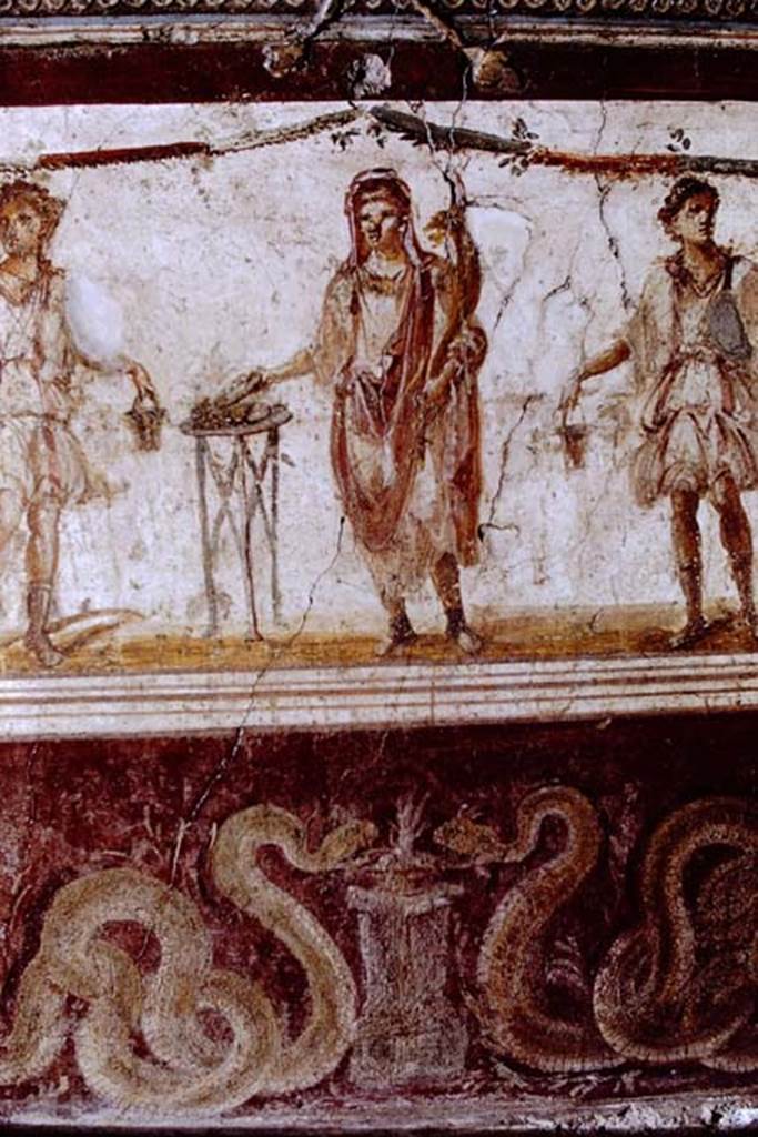 I.8.8 Pompeii. 1968. Detail from lararium on south wall.  Photo by Stanley A. Jashemski.
Source: The Wilhelmina and Stanley A. Jashemski archive in the University of Maryland Library, Special Collections (See collection page) and made available under the Creative Commons Attribution-Non Commercial License v.4. See Licence and use details.
J68f0639