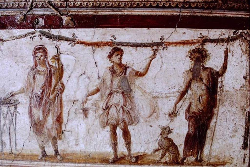 I.8.8 Pompeii. 1968. Detail from lararium on south wall.  Photo by Stanley A. Jashemski.
Source: The Wilhelmina and Stanley A. Jashemski archive in the University of Maryland Library, Special Collections (See collection page) and made available under the Creative Commons Attribution-Non Commercial License v.4. See Licence and use details.
J68f0642
