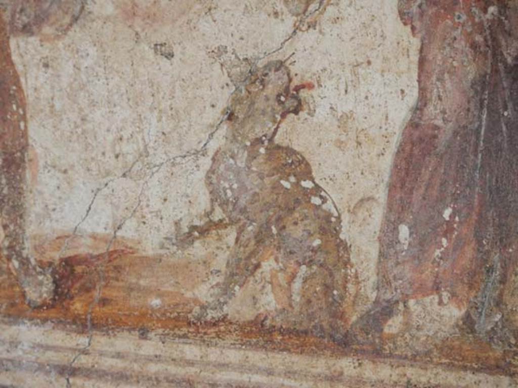 I.8.8 Pompeii. May 2015. Detail of the panther, drinking from a cup held in the right hand of Bacchus. Photo courtesy of Buzz Ferebee.